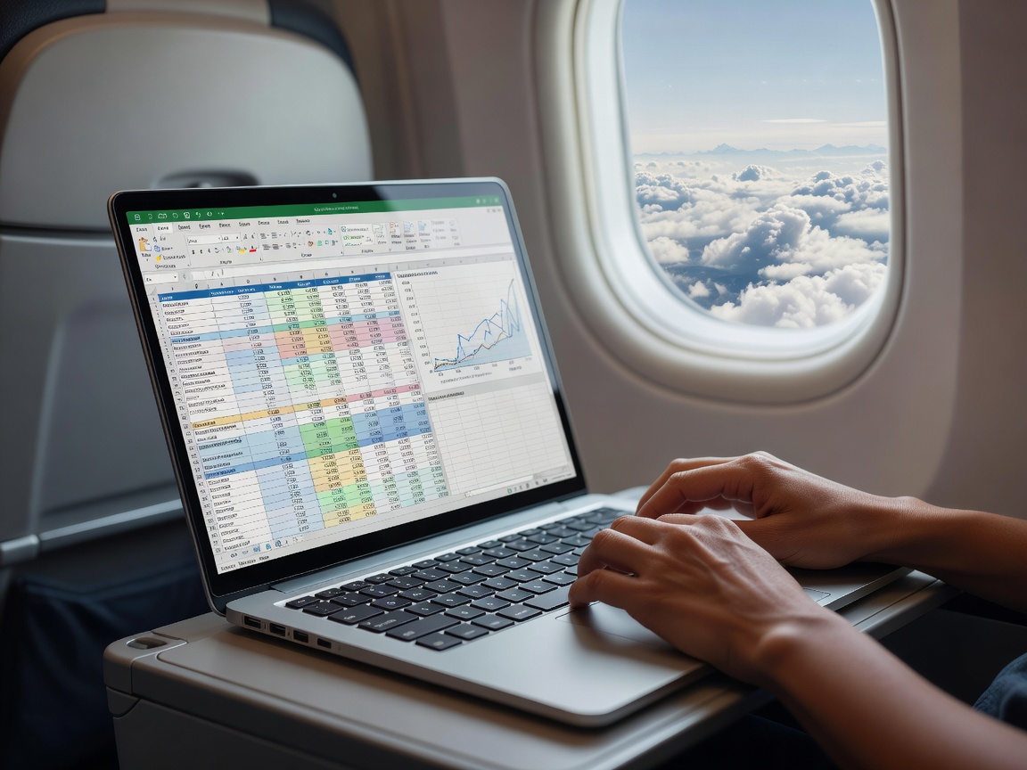 Energy efficient commercial laptop being used during mobile flight travel with all-day battery
