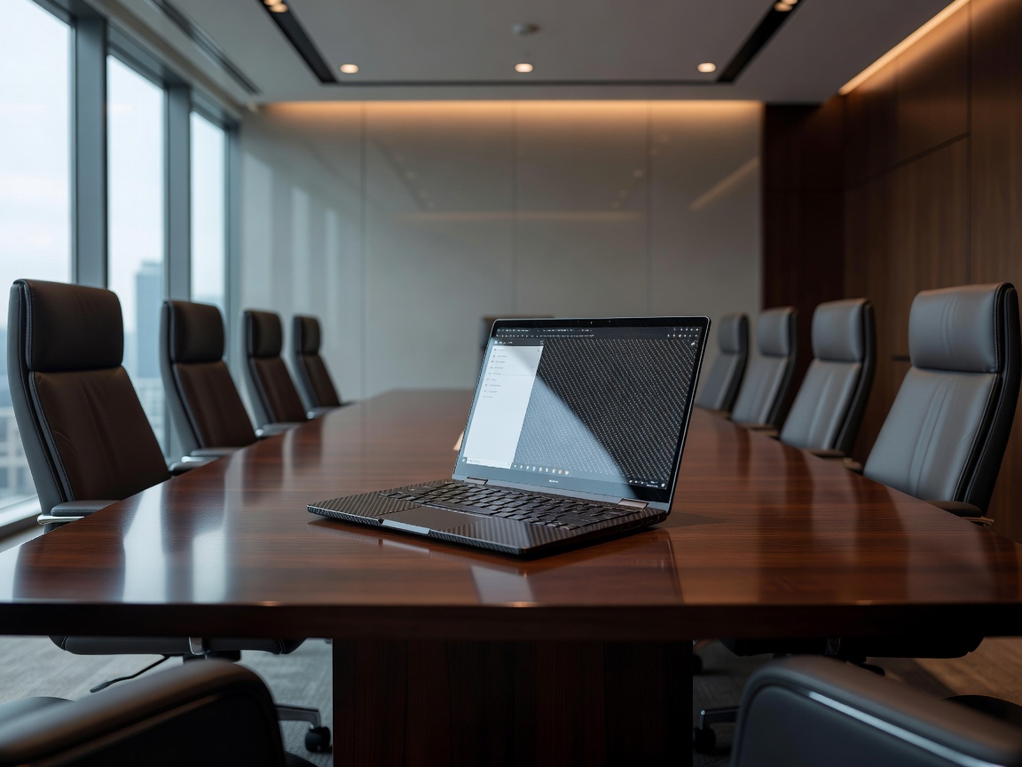 High-mobility carbon fiber executive ultrabook open on premium conference boardroom table