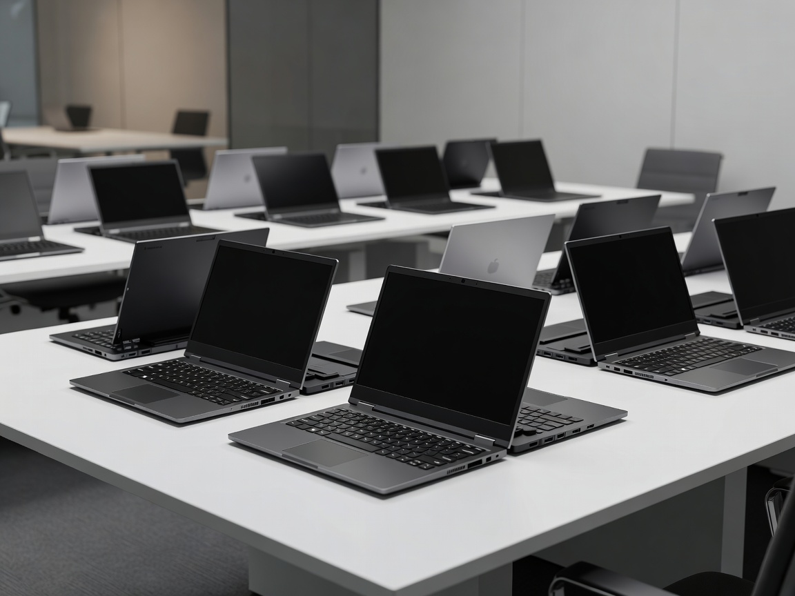 Modular commercial fleet enterprise laptops deployed on white corporate office conference tables