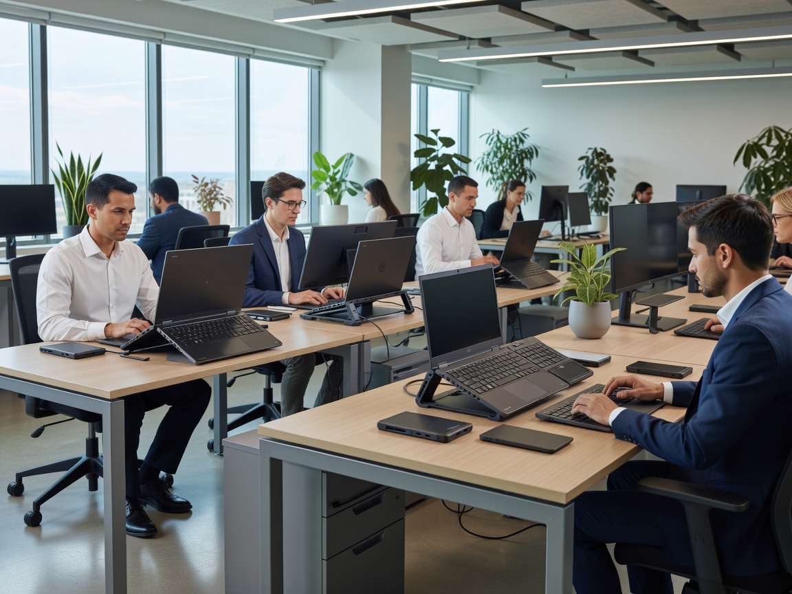 Modular enterprise fleet business laptops deployed across modern corporate open-plan workstations