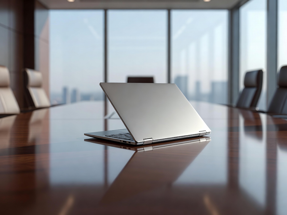 Sleek executive ultraportable business laptop on executive conference boardroom desk